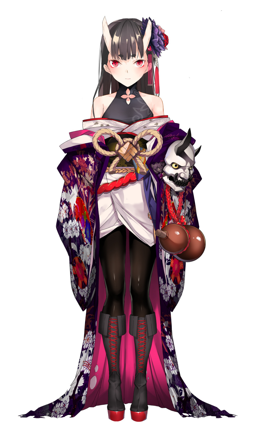 absurdres bad_id bad_pixiv_id bare_shoulders black_hair black_pantyhose blunt_bangs blush boots broken_horn closed_mouth collarbone commentary_request cross-laced_footwear female floral_print flower full_body furisuku gourd hair_flower hair_ornament highres horns indie_virtual_youtuber japanese_clothes kimono kimono_pull knee_boots lace-up_boots light_smile long_hair looking_at_viewer mask obi off_shoulder oni open_clothes pantyhose purple_flower red_flower rope sash short_eyebrows simple_background skin-covered_horns solo standing syannhaineko unworn_mask virtual_youtuber white_background white_kimono