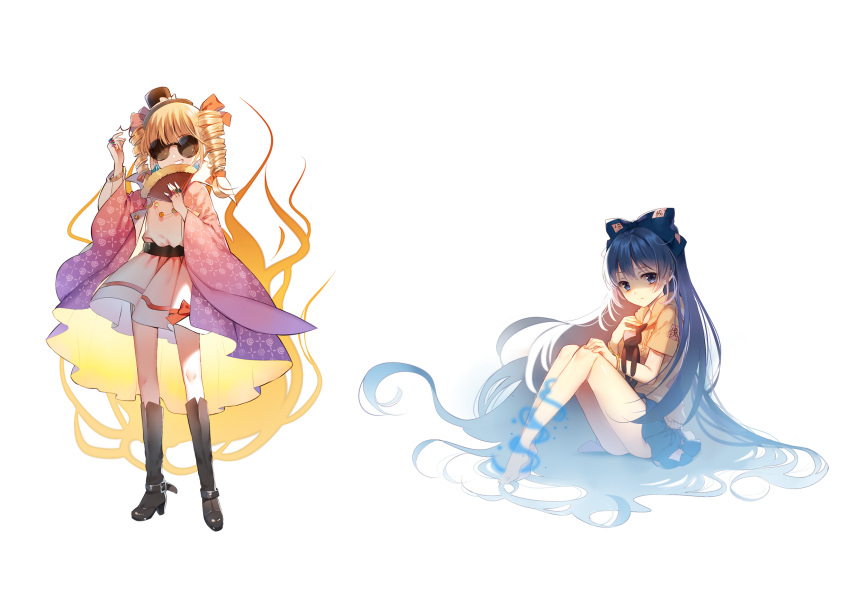 2girls bad_id bad_pixiv_id belt black_footwear blonde_hair blue_bow blue_eyes blue_hair blue_skirt boots bow chinese_commentary closed_mouth commentary_request contrapposto dress drill_hair earrings facing_viewer folding_fan grin hairbow hand_fan haori hat hat_bow highres holding holding_fan japanese_clothes jewelry jiji_(381134808) legs_together long_hair long_sleeves looking_at_viewer multiple_girls necklace ring round_eyewear shirt short_sleeves simple_background sitting skirt smile stuffed_animal stuffed_toy sunglasses top_hat touhou twin_drills very_long_hair white_background white_bow white_dress wide_sleeves yellow_shirt yorigami_jo'on yorigami_shion