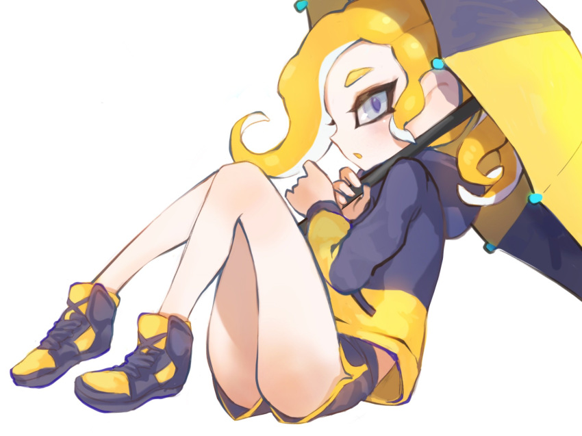 :o bad_id bad_twitter_id black_shorts blonde_hair dolphin_shorts female grey_eyes hero_brella_(splatoon) highres holding holding_umbrella hood hood_down hooded_jacket jacket jtveemo long_hair long_sleeves octoling octoling_girl octoling_player_character open_mouth over_shoulder shoes short_shorts shorts sideways_mouth simple_background sitting solo splatoon_(series) splatoon_2 suction_cups tentacle_hair track_jacket umbrella white_background