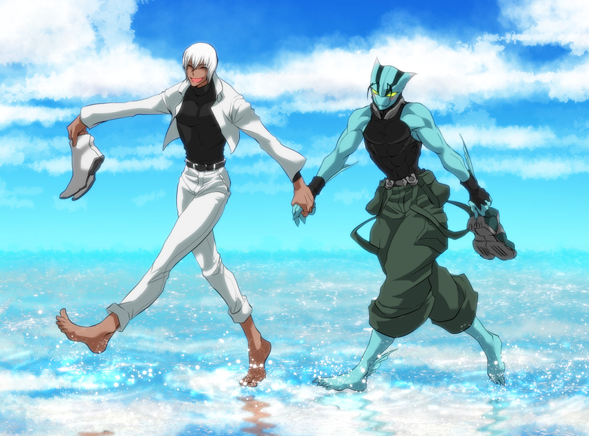 2boys bad_id bad_pixiv_id barefoot cloud commentary_request dark-skinned_male dark_skin day holding holding_shoes kekkai_sensen multiple_boys reflection shoes sky suiren1 unworn_shoes walking walking_on_liquid white_hair zap_renfro zed_o'_brien