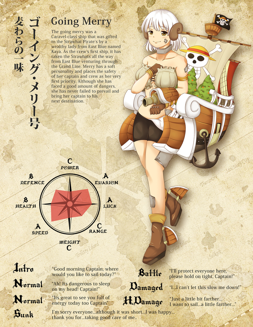 absurdres breasts brown_eyes character_profile cleavage commentary english_commentary female going_merry graph highres horns kantai_collection large_breasts looking_at_viewer machinery one_piece original radar_chart sheep_horns smile solo turret wangphing white_hair