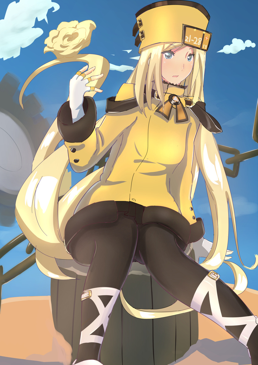 bad_id bad_pixiv_id black_pantyhose blonde_hair blue_eyes blue_sky blush cloud day drum_(acta2436) female fingerless_gloves full-face_blush gloves guilty_gear guilty_gear_xrd hat highres jacket long_hair millia_rage orange_hat pantyhose prehensile_hair sitting sitting_on_hair skirt sky solo very_long_hair