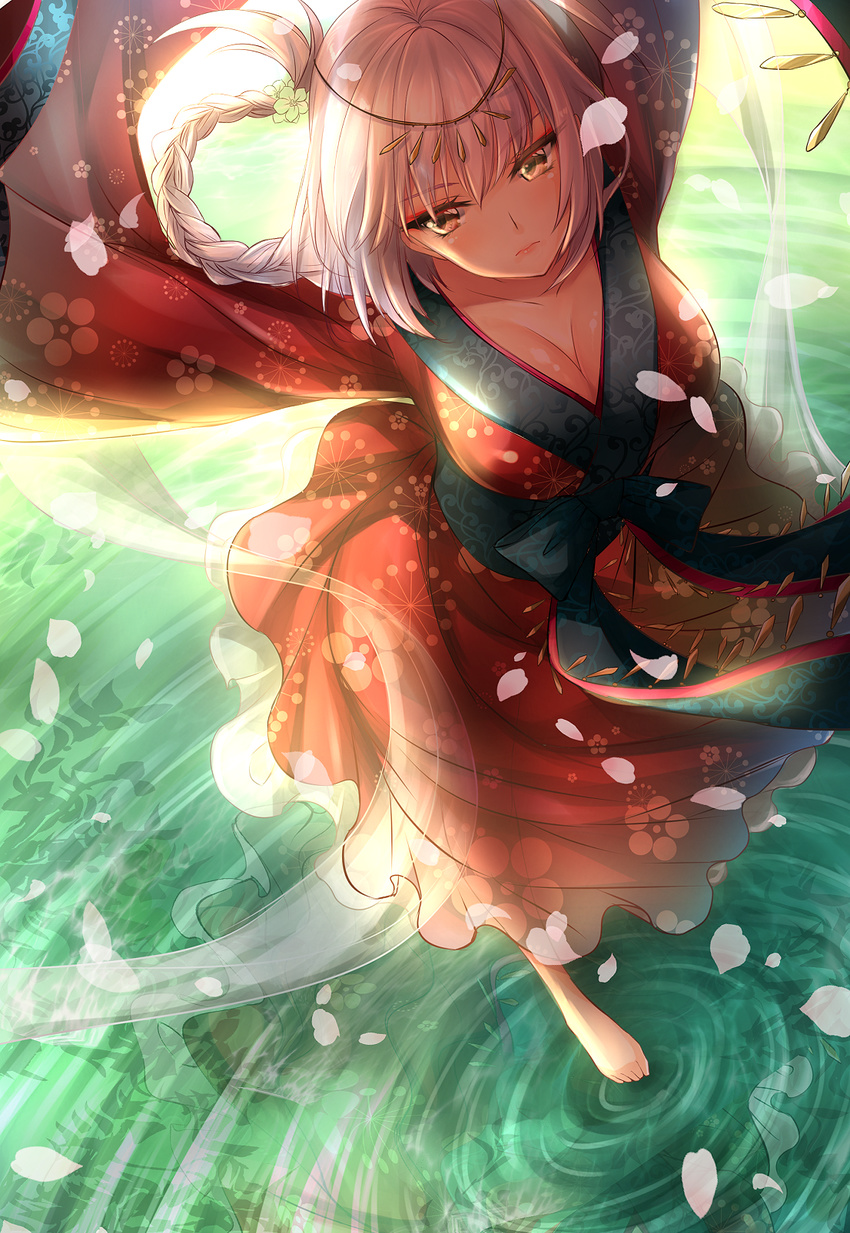 blonde_hair braid breasts brown_eyes chinese_clothes cleavage commentary_request fate/grand_order fate_(series) female florence_nightingale_(divine_princess_of_the_storm)_(fate) florence_nightingale_(fate) hagoromo hanfu hatori_mia highres large_breasts leaf long_hair ripples shawl solo tiara water