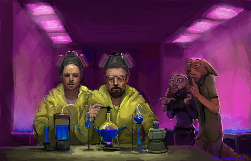 amc anthro beaker bio_suit breaking_bad bunsen_burner canid canine chemistry clothed clothing crossover digital_media_(artwork) disney dreamynatalie drugs female fox glass_retort group human jesse_pinkman judy_hopps laboratory laboratory_equipment laboratory_glassware lagomorph leporid male mammal necktie nick_wilde police rabbit red_fox scientific_instrument test_tube true_fox walter_white zootopia