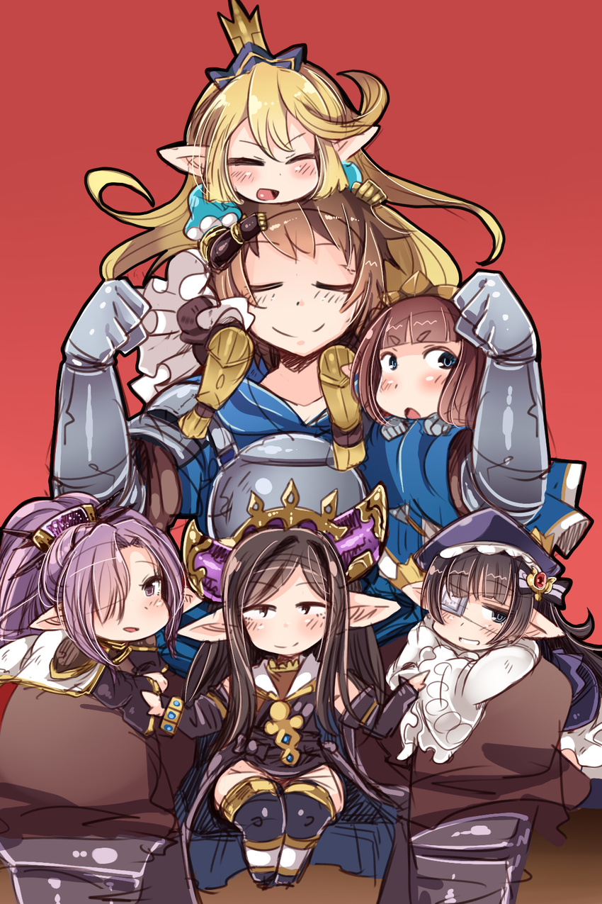 1boy 5girls :d :o amagaeru_(hylathewet) armor arulumaya black_hair blonde_hair blue_eyes blush boots bridgette_(granblue_fantasy) brown_hair cape carrying charlotta_(granblue_fantasy) closed_eyes commentary_request crescent crown dress eyepatch fighter_(granblue_fantasy) frills gauntlets gloves gran_(granblue_fantasy) granblue_fantasy hair_ornament hair_over_one_eye hair_stick hands_on_another's_head harvin hat highres light_purple_hair long_hair long_sleeves looking_at_viewer lunalu_(granblue_fantasy) mole mole_under_eye multiple_girls niyon_(granblue_fantasy) open_mouth pointy_ears ponytail puffy_short_sleeves puffy_sleeves purple_eyes red_background short_hair short_sleeves shoulder_carry simple_background sitting smile thigh_boots thighhighs