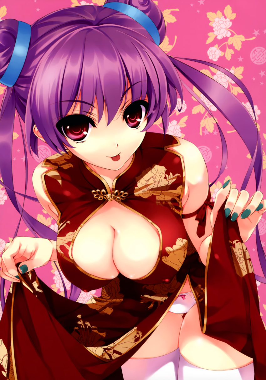 :p absurdres bare_shoulders breasts china_dress chinese_clothes cleavage_cutout clothing_cutout comic_aun double_bun dress female hair_bun highres looking_at_viewer misaki_kurehito nail_polish panties pelvic_curtain photoshop_(medium) purple_eyes purple_hair red_dress scan side_slit solo thighhighs thighs tongue tongue_out twintails underwear