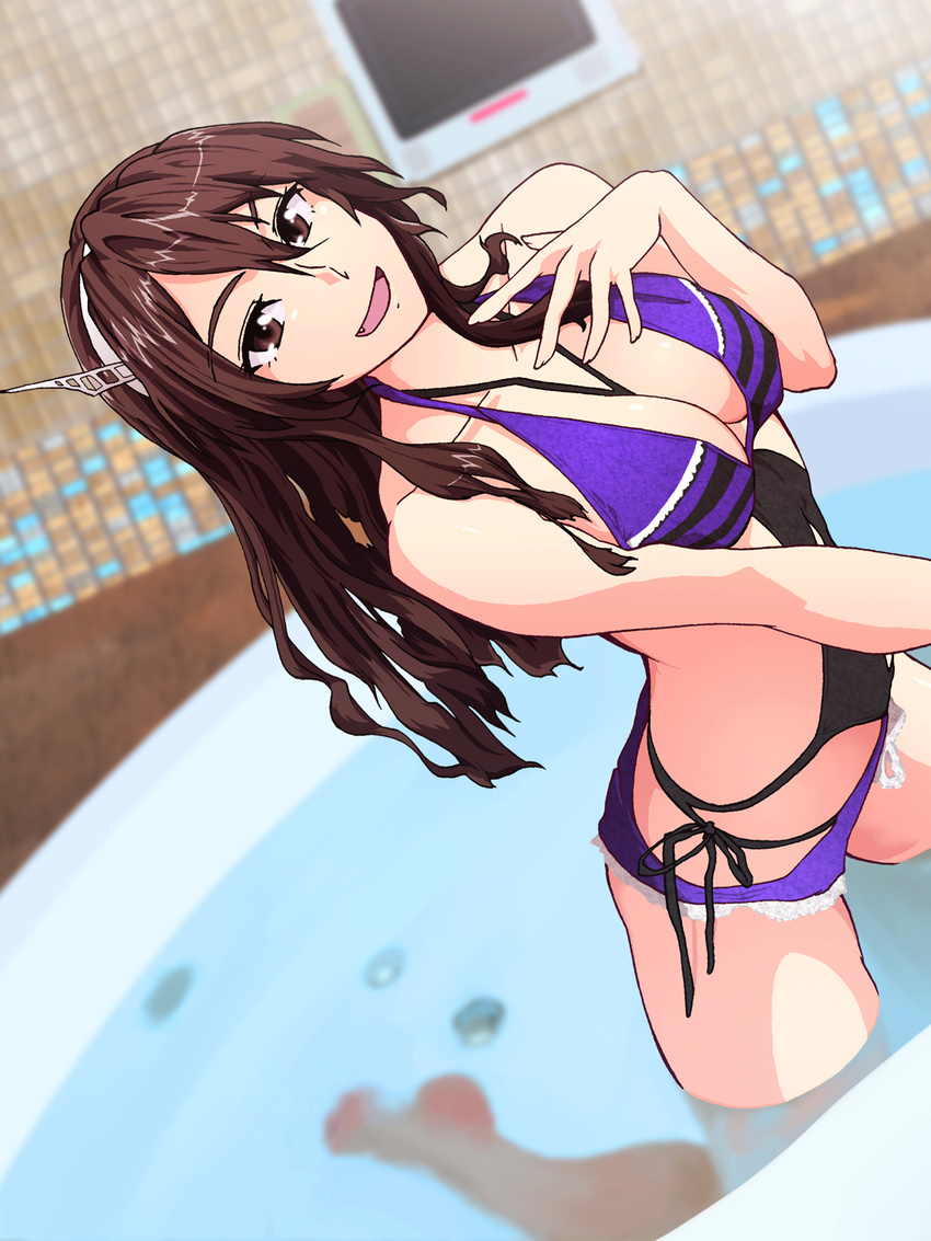 alternate_costume ashigara_(kancolle) bare_arms bare_shoulders breasts brown_eyes brown_hair cleavage commentary_request cosplay eyebrows female hairband highres kantai_collection kurohime_kiryuu large_breasts long_hair looking_at_viewer open_mouth partially_submerged solo swimsuit water yamato_(kancolle) yamato_(kancolle)_(cosplay)