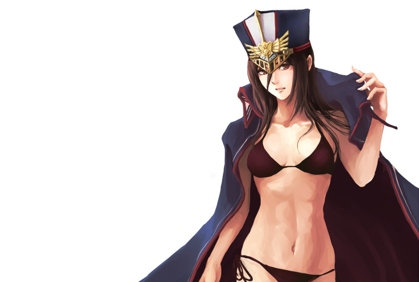 abs alternate_costume bikini black_bikini bra breasts cape commentary_request female hat long_hair looking_at_viewer military military_hat morag_ladair_(xenoblade) navel panties simple_background solo swimsuit toned underwear white_background xenoblade_chronicles_(series) xenoblade_chronicles_2 yuuta_(ruin0811)