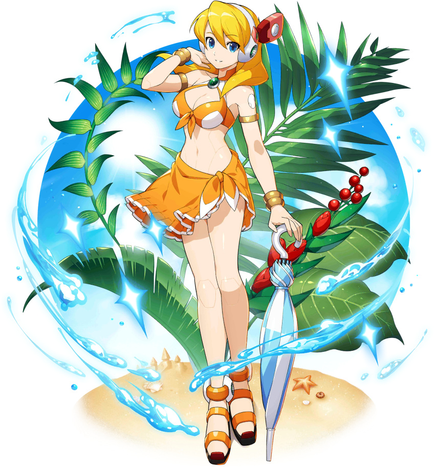 1girls alia android bangs beach bikini blonde_hair blue_eyes bra breasts capcom cleavage clothed eyebrows_visible_through_hair female full_body hair_between_eyes hand_in_hair headgear highres holding large_breasts long_hair mega_man mega_man_x mega_man_x_dive mizuno_keisuke official_art panties parasol reploid robot robot_ears robot_girl robot_joints rockman rockman_x sarong smile solo standing starfish summer swimsuit transparent_background umbrella water