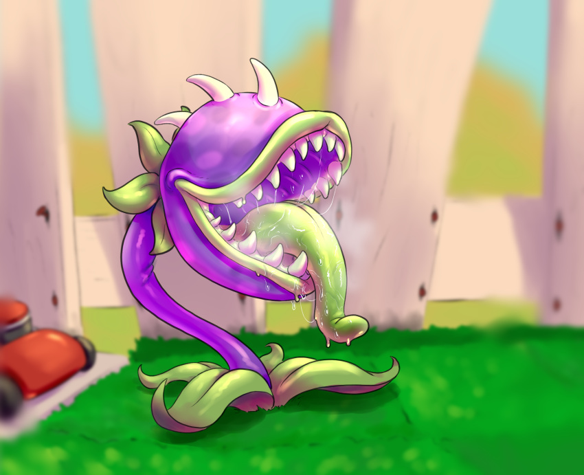 1other ambiguous_gender bulkrolly carnivorous_plant chomper_(pvz) drooling eyeless garden green_body leaves open_mouth other_only outside plant plants_vs_zombies pvz saliva saliva_drip saliva_trail sharp_teeth solo spikes steam steamy_breath tongue tongue_out violet_skin