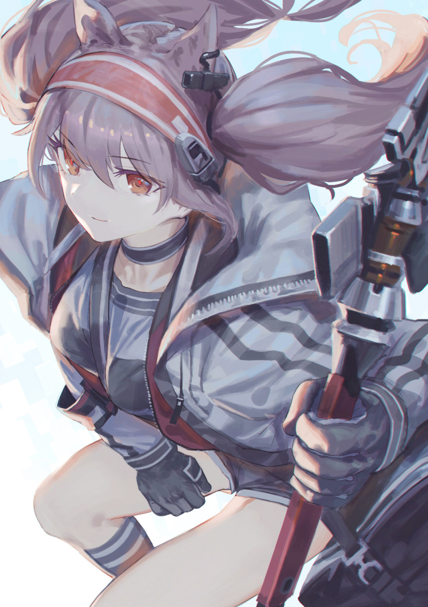 angelina_(arknights) animal_ears arknights bag breasts brown_eyes brown_hair choker commentary duffel_bag female from_above gloves had_(had314) hair_ornament hairband highres holding holding_staff holding_weapon long_hair looking_at_viewer photoshop_(medium) shorts smile socks solo staff thighs twintails upper_body weapon windbreaker