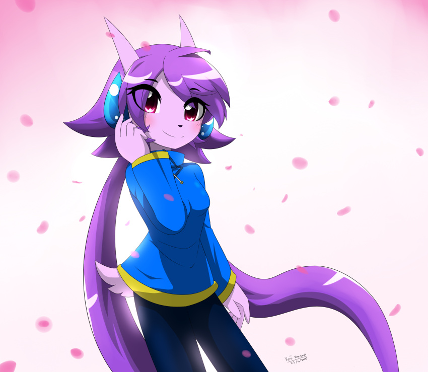 2018 5_fingers anthro blue_bottomwear blue_clothing blue_pants blue_shirt blue_topwear blush bottomwear casual_clothing clothing dated digital_media_(artwork) dragon female fingers freedom_planet galaxytrail hi_res kenjikanzaki05 looking_at_viewer mythological_creature mythological_scalie mythology pants petals sash_lilac scalie shirt signature sleeves smile solo topwear wingless_dragon