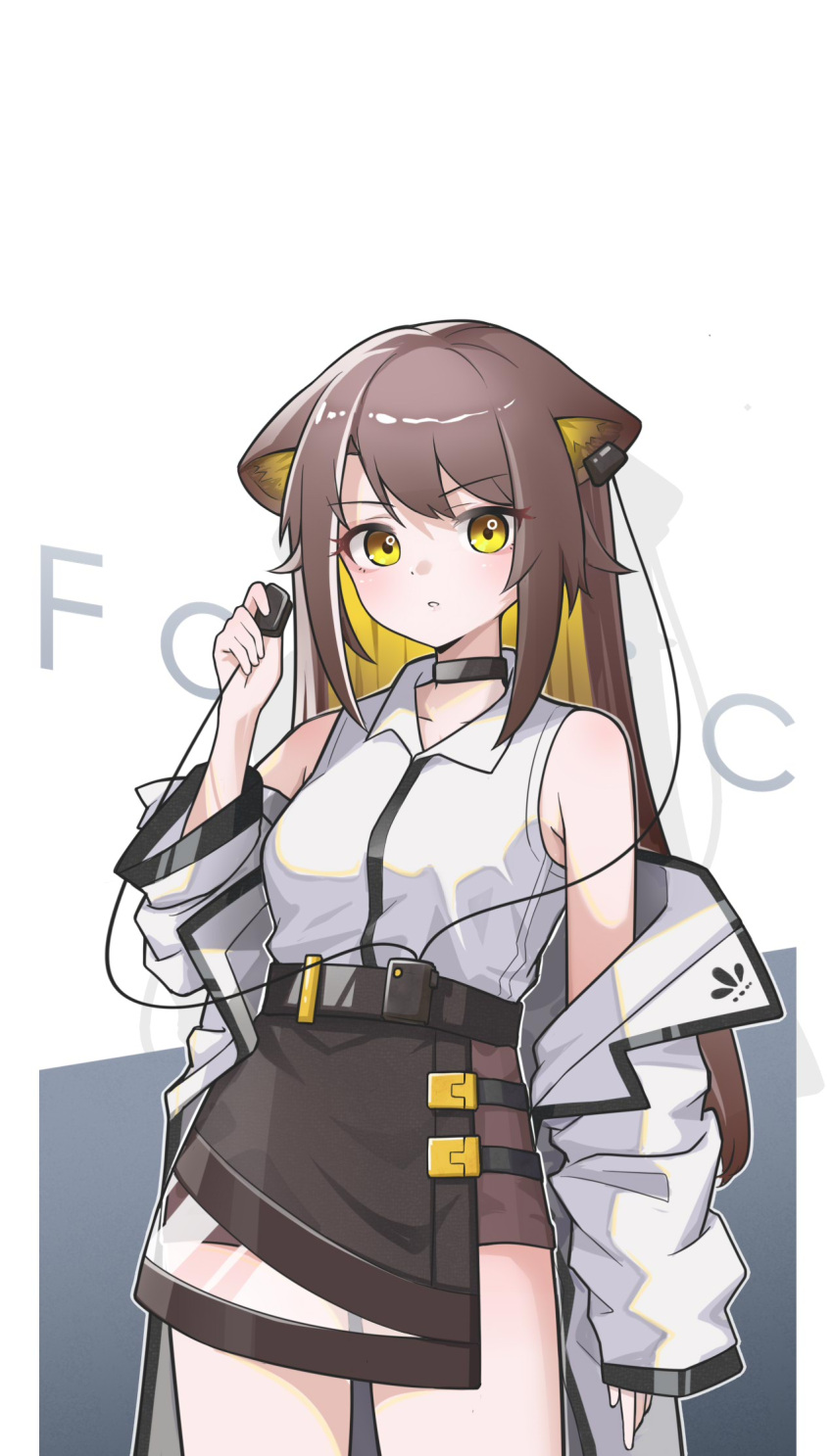 animal_ears arknights bare_shoulders black_collar black_skirt blonde_hair brown_hair cat_ears cat_girl character_name collar colored_inner_hair cowboy_shot earbuds earphones female folinic_(arknights) headphones_for_animal_ears highres jacket jiuyu_qame long_hair looking_at_viewer multicolored_hair off_shoulder open_clothes open_jacket shirt simple_background skirt sleeveless sleeveless_shirt solo white_background white_jacket white_shirt yellow_eyes