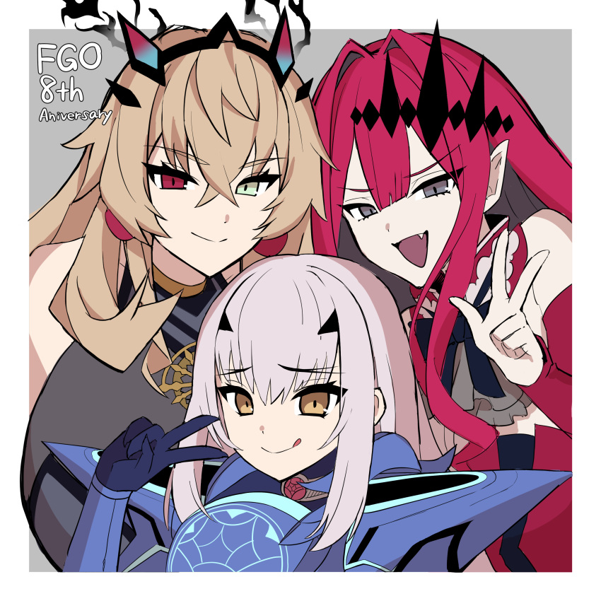 3girls absurdres armor armored_dress baobhan_sith_(fate) baobhan_sith_(first_ascension)_(fate) bare_shoulders barghest_(fate) barghest_(second_ascension)_(fate) black_dress blonde_hair blue_armor blue_dress breastplate breasts brown_eyes center_frills closed_mouth detached_collar detached_sleeves dress earrings fate/grand_order fate_(series) faulds forked_eyebrows frills gloves green_eyes grey_background grey_eyes heterochromia highres horns huge_breasts imuzi jewelry large_breasts licking_lips long_hair looking_at_viewer melusine_(fate) melusine_(first_ascension)_(fate) multiple_girls necklace oerba_yun_fang open_mouth pauldrons pink_hair pointy_ears red_dress red_eyes shoulder_armor sidelocks small_breasts smile tiara tongue tongue_out typo v white_hair yellow_eyes