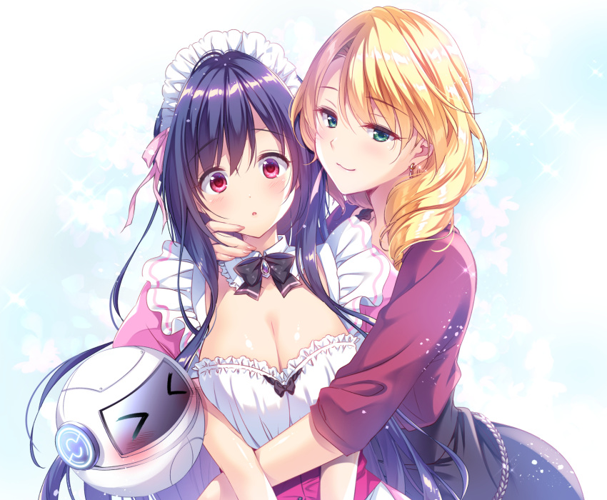 >_< 2girls :3 abiru_karen apron black_bow black_bowtie black_hair blonde_hair blue_background blush bow bowtie breasts cleavage closed_mouth commentary_request detached_collar dress eyelashes eyes_visible_through_hair frilled_apron frills gradient_background green_eyes hair_between_eyes highres hug large_breasts long_hair long_sleeves looking_at_viewer machina_(qualia_~yakusoku_no_kiseki~) maid maid_apron maid_headdress multiple_girls parted_lips pink_dress puffy_short_sleeves puffy_sleeves qualia_~yakusoku_no_kiseki~ red_eyes red_shirt shirt short_sleeves simple_background smile sparkle suzushiro_atsushi tareme tsurime upper_body very_long_hair white_apron white_background