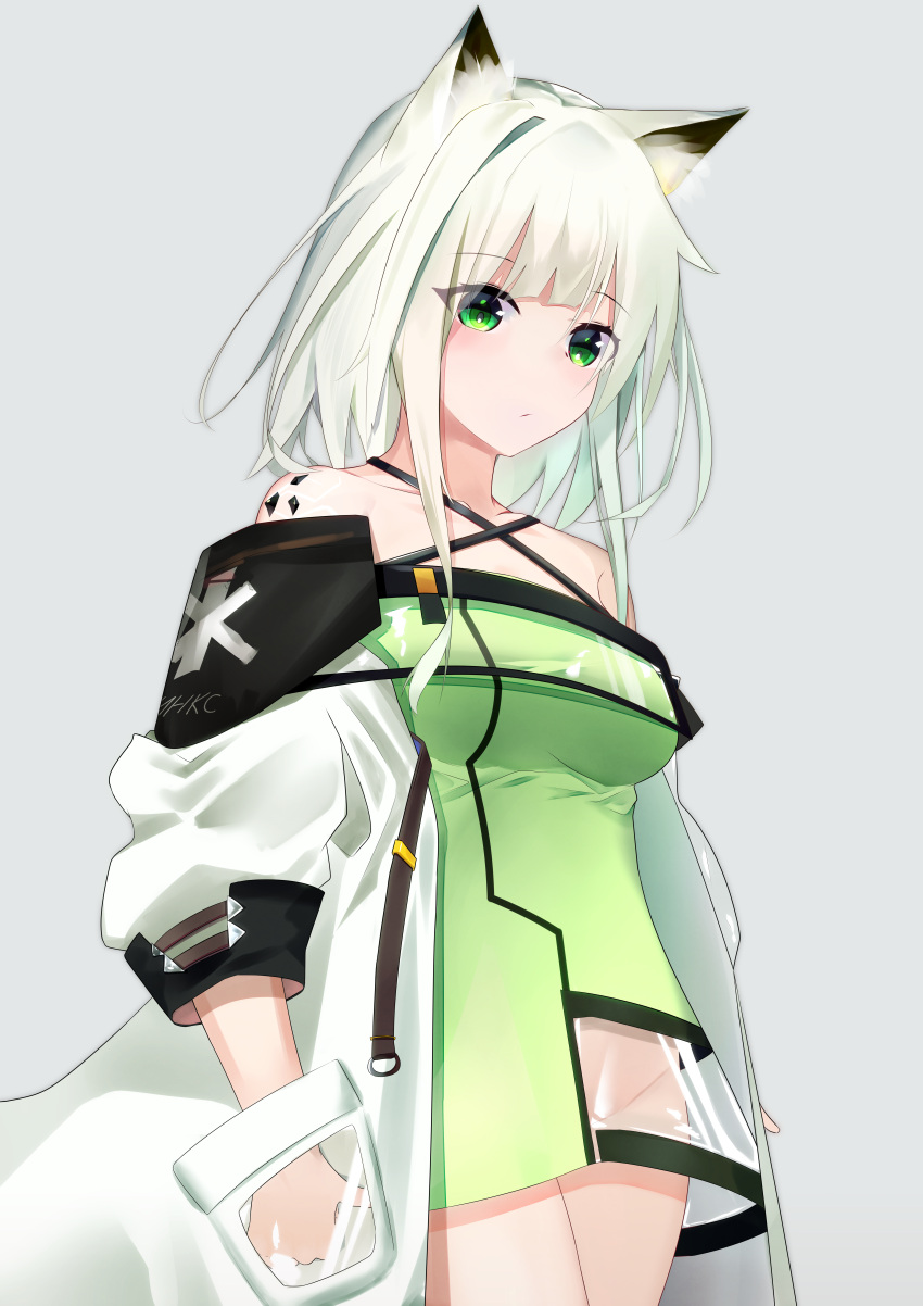 absurdres animal_ears arknights bare_shoulders breasts commentary_request cowboy_shot criss-cross_halter cyrillic dress female green_dress green_eyes grey_background halterneck highres kal'tsit_(arknights) kotoha_(kotoha65) looking_at_viewer material_growth medium_breasts no_panties off_shoulder oripathy_lesion_(arknights) see-through short_dress short_hair simple_background solo standing star_of_life white_hair