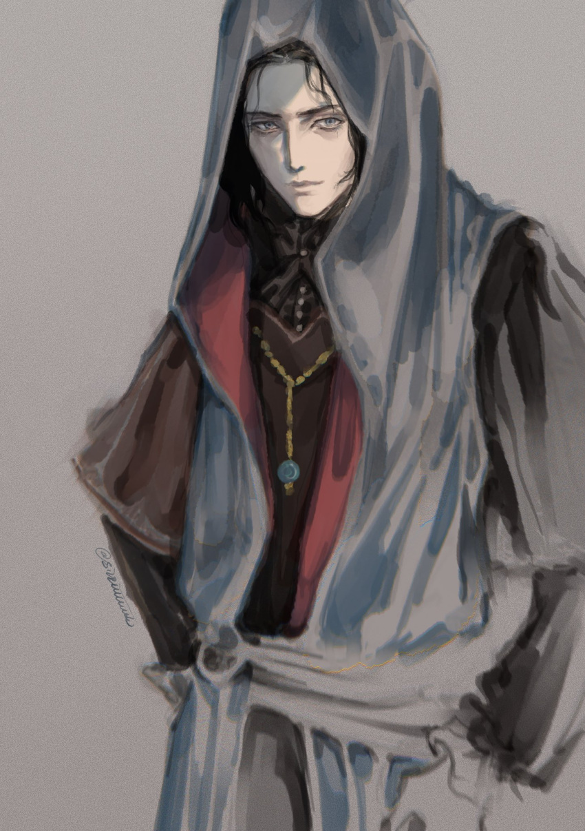 1boy astrologer_(elden_ring) black_hair blue_eyes closed_mouth elden_ring highres hood hood_up hooded_robe jewelry long_sleeves looking_at_viewer male_focus necklace robe signature sirriiiiiiiiiis smile solo tarnished_(elden_ring)