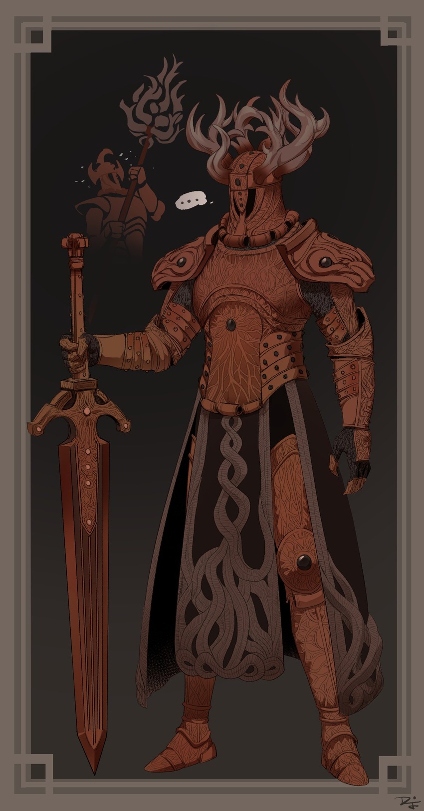 ... 1other ambiguous_gender antlers armor breastplate crucible_knight difman elden_ring fake_horns full_armor gauntlets greaves helmet highres holding holding_sword holding_weapon horned_helmet horns multiple_views pauldrons pelvic_curtain shoulder_armor signature spoken_ellipsis sword waist_cape weapon