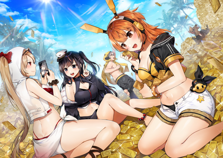 2boys 3girls :d anklet bare_arms bare_shoulders bikini black_eyes black_hair black_jacket black_panties black_shirt black_skirt breasts brown_eyes brown_hair cleavage cloud crop_top day gijang gold hair_through_headwear hat headphones holding hood hooded_vest hoodie jacket jewelry knives_out large_breasts long_hair looking_at_another midriff mini_hat miniskirt multiple_boys multiple_girls navel off_shoulder official_art one_side_up open_clothes open_fly open_jacket open_mouth orange_hair outdoors panties peaked_cap phone ponytail red_eyes sarong scrunchie shirt short_shorts short_sleeves shorts sitting skirt sleeveless sleeveless_shirt smile stomach sun sunlight swimsuit taking_picture thighs underwear v very_long_hair vest white_bikini white_hoodie white_shorts wrist_scrunchie yellow_shirt