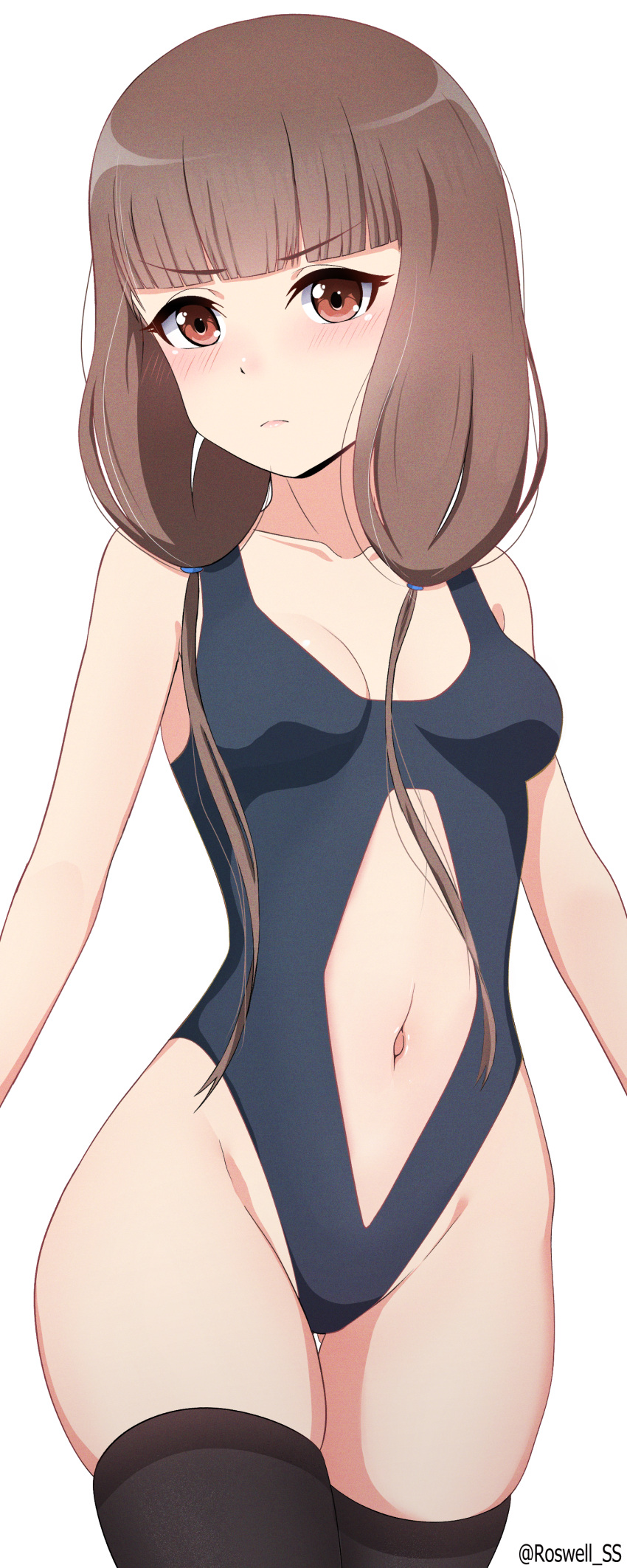 absurdres ass_visible_through_thighs black_thighhighs blue_one-piece_swimsuit blunt_bangs blush breasts brown_eyes brown_hair casual_one-piece_swimsuit closed_mouth clothing_cutout collarbone commentary cowboy_shot curvy english_commentary female frown groin highleg highres iino_miko kaguya-sama_wa_kokurasetai_~tensai-tachi_no_renai_zunousen~ lips long_hair looking_at_viewer low_twintails medium_breasts navel navel_cutout one-piece_swimsuit paid_reward_available roswell_ss simple_background skindentation solo standing stomach swimsuit thigh_gap thighhighs thighs twintails twitter_username v-shaped_eyebrows white_background