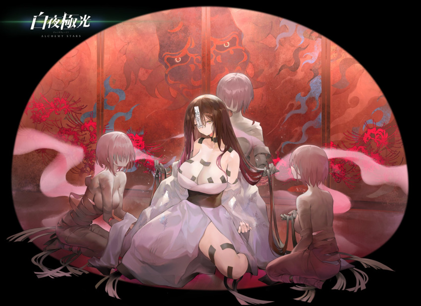 alchemy_stars bandages bare_shoulders black_hair breasts cleavage closed_mouth copyright_name detached_sleeves dress female full_body highres jiangshi kayano_(alchemy_stars) kneeling koio large_breasts long_hair mummy official_art ofuda sash sliding_doors strapless strapless_dress tearing_up white_dress yellow_eyes