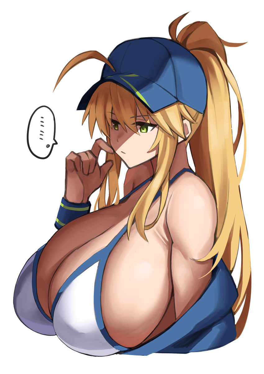 ... absurdres ahoge artoria_pendragon_(fate) artoria_pendragon_(lancer)_(fate) bare_shoulders baseball_cap bikini bikini_top_only blonde_hair blue_eyes blue_hat blue_jacket blush breasts cleavage cosplay fate/grand_order fate_(series) female green_eyes hair_between_eyes hair_through_headwear hat highres huge_breasts imuzi jacket long_hair long_sleeves mysterious_heroine_xx_(fate) mysterious_heroine_xx_(fate)_(cosplay) off_shoulder ponytail scratching_cheek sideboob sidelocks solo speech_bubble swimsuit upper_body white_bikini wristband