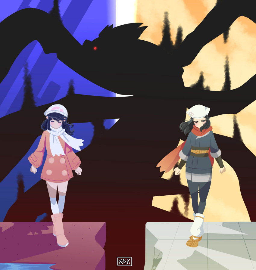 2girls akari_(pokemon) ancestor_and_descendant beanie black_hair boots buttons closed_eyes dawn_(pokemon) distortion_world double-breasted english_commentary fluorart full_body galaxy_expedition_team_survey_corps_uniform giratina hat head_scarf highres jacket medium_hair multiple_girls no_mouth pink_footwear pink_jacket pokemon pokemon_(creature) pokemon_dppt pokemon_legends:_arceus pokemon_platinum red_scarf scarf shadow signature split_image standing walking white_legwear white_scarf