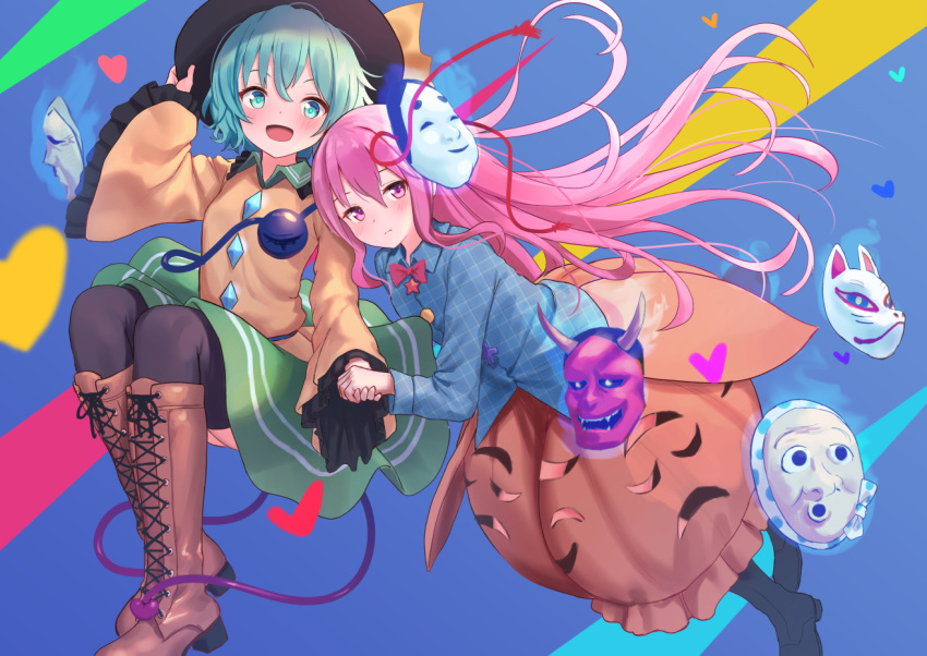 2girls abstract_background aqua_eyes aqua_hair black_legwear boots bow bowtie brown_footwear bubble_skirt commentary cross-laced_footwear fox_mask frilled_skirt frilled_sleeves frills green_skirt hat hata_no_kokoro heart holding_hands hyottoko_mask invisible_chair knee_boots komeiji_koishi lace-up_boots long_hair long_sleeves looking_at_viewer mask mask_on_head multiple_girls noh_mask oni_mask open_mouth pink_eyes pink_hair plaid plaid_shirt roke_(taikodon) shirt short_hair sitting skirt star_(symbol) thighhighs third_eye touhou wide_sleeves yellow_shirt