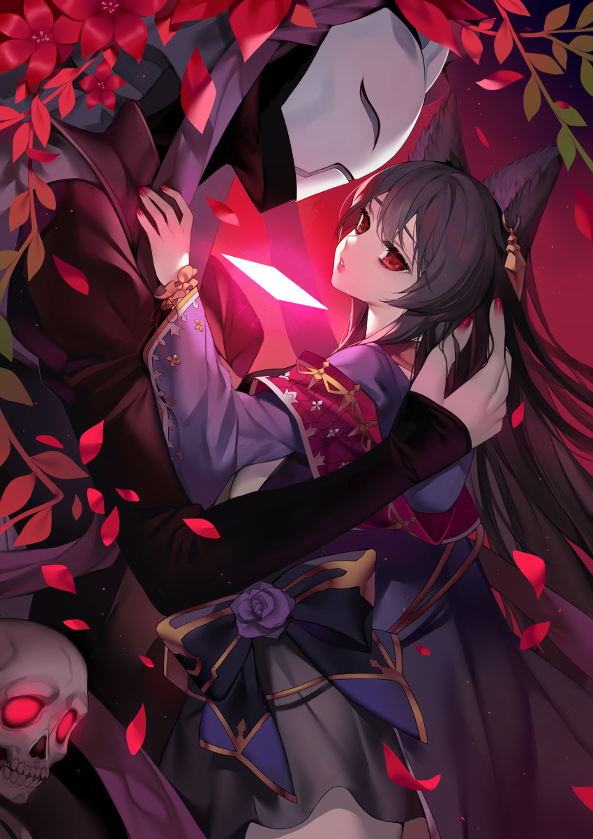 1other absurdres animal_ears bad_id bad_pixiv_id black_bow black_hair black_jacket bow commentary_request death_(granblue_fantasy) ear_piercing erune female flower glowing glowing_eyes granblue_fantasy highres jacket juliet_sleeves long_hair long_sleeves mask may_(2747513627) nail_polish nier_(granblue_fantasy) petals piercing puffy_sleeves purple_flower purple_nails purple_rose red_eyes red_nails rose skull upside-down_commentary very_long_hair wide_sleeves