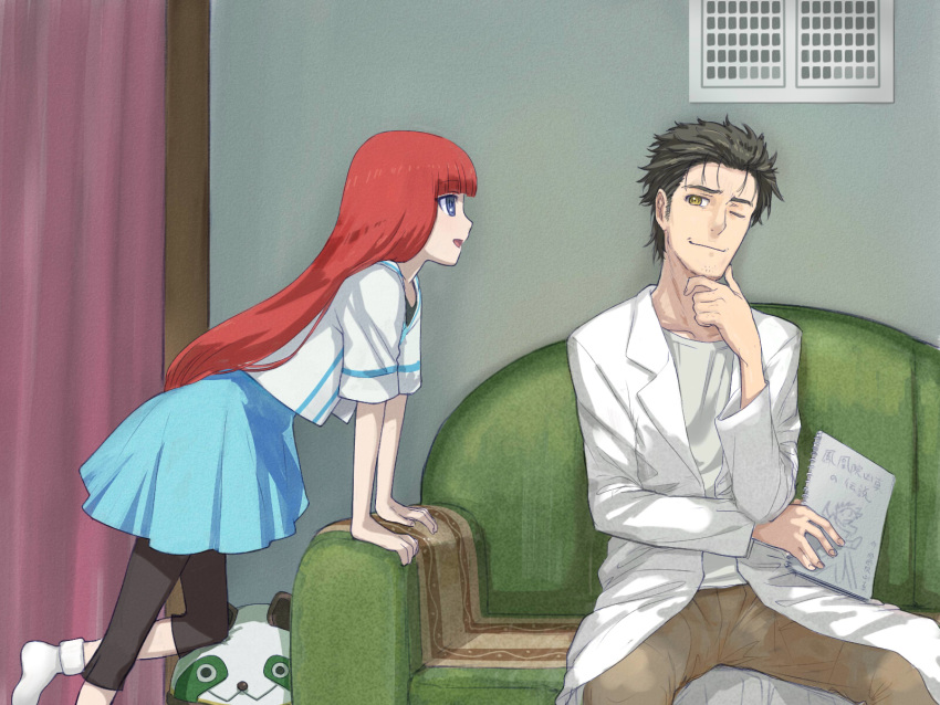 1boy :d ;) black_hair black_pants blue_dress blue_eyes brown_pants collarbone commentary_request couch dress female from_side highres holding indoors lab_coat leaning_forward long_hair menomorute okabe_rintarou one_eye_closed open_mouth pants pants_under_dress pleated_dress profile red_hair shiina_kagari shirt short_dress sitting smile smug steins;gate steins;gate_0 straight_hair sundress upa_(steins;gate) very_long_hair white_shirt yellow_eyes