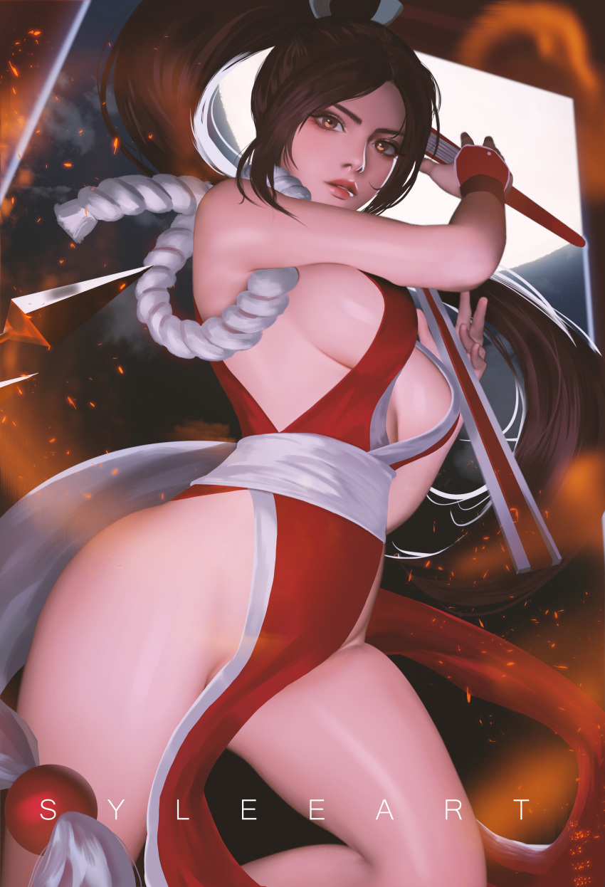 absurdres bare_shoulders breasts brown_eyes brown_hair commentary english_commentary fatal_fury female fingerless_gloves folding_fan gloves hand_fan high_ponytail highres holding holding_weapon japanese_clothes large_breasts long_hair looking_at_viewer night no_bra outdoors pelvic_curtain ponytail red_gloves revealing_clothes rope serious shiranui_mai solo sparks thaumazo the_king_of_fighters thighs weapon