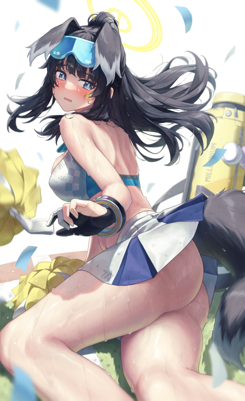 absurdres animal_ears arm_support ass back bad_id bad_pixiv_id banana_oekaki bangle bare_legs bare_shoulders black_hair blue_archive blue_eyes blush bracelet breasts cheerleader commentary crop_top dog_ears dog_girl dog_tail eyewear_on_head female goggles goggles_on_head halo hibiki_(blue_archive) hibiki_(cheer_squad)_(blue_archive) highres holding holding_pom_poms jewelry long_hair looking_at_viewer millennium_cheerleader_outfit_(blue_archive) official_alternate_costume open_mouth pom_pom_(cheerleading) ponytail sitting skindentation skirt solo star_sticker sticker_on_face sunglasses tail thighs wet white_skirt