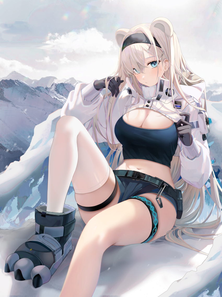 animal_ears arknights aurora_(arknights) aurora_(elite_ii)_(arknights) black_gloves black_hairband black_shirt blue_eyes blue_shorts blush boots breasts cleavage closed_mouth commentary crop_top female foot_out_of_frame gloves hair_ornament hairband highres infection_monitor_(arknights) knee_up large_breasts long_hair long_sleeves midriff mountain navel outdoors revision ru_zhai shirt short_shorts shorts shrug_(clothing) single_thighhigh sitting skindentation solo stomach thigh_strap thighhighs thighs white_hair white_thighhighs