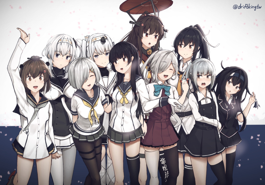 6+girls :d ^_^ ahoge aqua_bow aqua_bowtie asashimo_(kancolle) asashimo_kai_ni_(kancolle) asymmetrical_legwear black_dress black_hair black_pantyhose black_shirt black_skirt blue_headband bodysuit bow bowtie breasts brown_eyes brown_hair cherry_blossoms closed_eyes clothes_writing commentary dress dress_shirt driftkingtw flower fuyutsuki_(kancolle) gloves grey_eyes grey_hair grey_legwear grey_neckerchief hair_flower hair_ornament hair_over_one_eye hair_ribbon hairclip halterneck hamakaze_(kancolle) hatsushimo_(kancolle) hatsushimo_kai_ni_(kancolle) headband headgear highres isokaze_(kancolle) isokaze_kai_(kancolle) kantai_collection kasumi_(kancolle) kasumi_kai_ni_(kancolle) large_breasts long_hair long_sleeves looking_at_another looking_at_viewer low-tied_long_hair medium_breasts microskirt miniskirt mismatched_legwear multiple_girls neckerchief oil-paper_umbrella one_side_up pantyhose pinafore_dress pleated_skirt ponytail red_eyes red_umbrella ribbon sailor_dress sakuramon school_uniform serafuku shirt short_hair short_sleeves side_ponytail sidelocks single_thighhigh skirt sleeveless sleeveless_dress smile speaking_tube_headset suzutsuki_(kancolle) symbol-only_commentary thighhighs tress_ribbon twitter_username umbrella uneven_legwear white_bodysuit white_gloves white_hair white_headband white_ribbon white_shirt yahagi_(kancolle) yahagi_kai_ni_(kancolle) yamato_(kancolle) yamato_kai_(kancolle) yellow_neckerchief yukikaze_(kancolle) yukikaze_kai_ni_(kancolle)