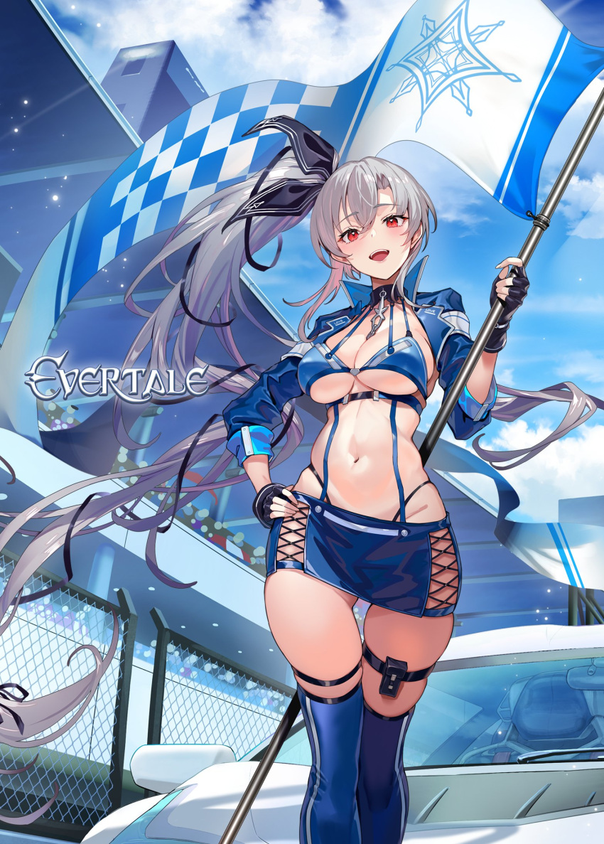 ass_visible_through_thighs blue_sky breasts checkered_flag clarice_(evertale) cleavage clothing_cutout cloud cloudy_sky collar commentary_request copyright_name cropped_jacket cross-laced_clothes cross-laced_cutout cross-laced_skirt day evertale female fingerless_gloves flag gloves grey_hair highleg highleg_panties highres jacket kakage logo long_hair medium_breasts miniskirt navel official_art open_clothes open_jacket open_mouth outdoors panties polearm ponytail race_queen race_vehicle red_eyes side_ponytail skirt sky smile solo stomach teeth thigh_gap thigh_strap thighhighs underwear upper_teeth_only weapon