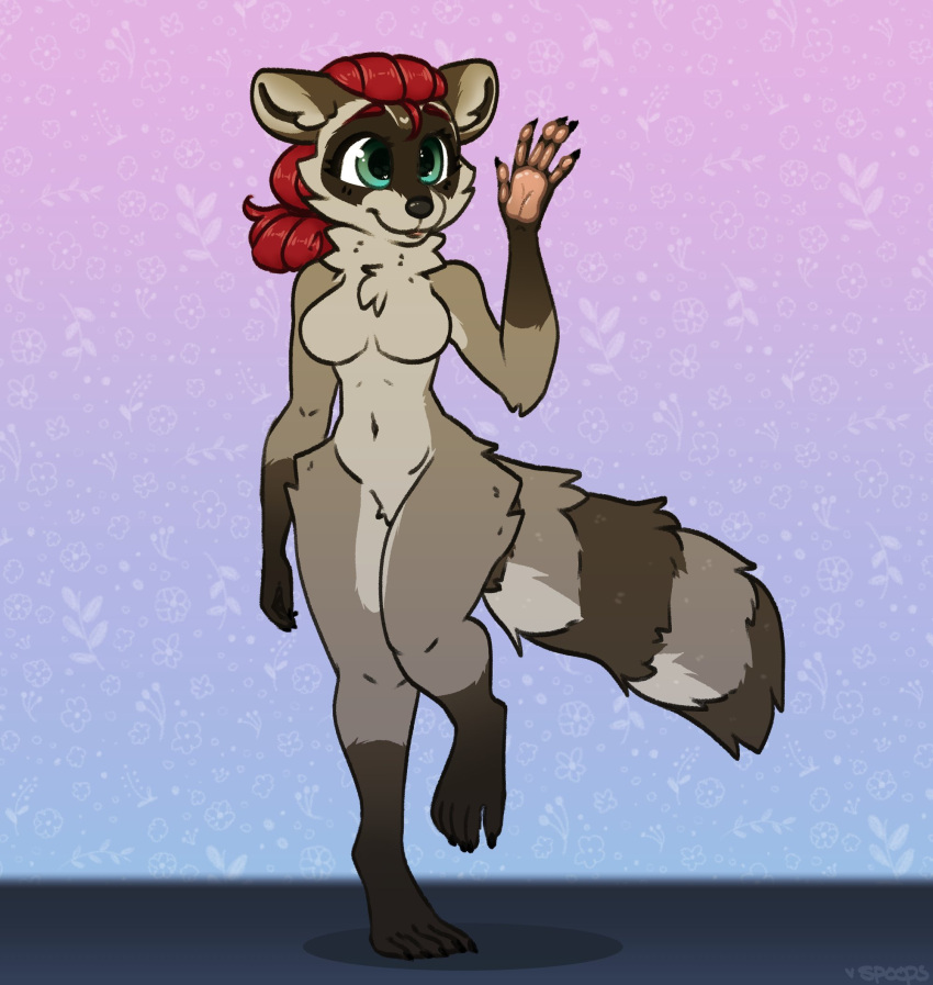 2021 5_fingers anthro breasts featureless_breasts featureless_crotch female fingers fur green_eyes grey_body grey_fur hair hi_res itsspoopsb mammal nude on_one_leg procyonid raccoon red_hair simple_background smile solo standing