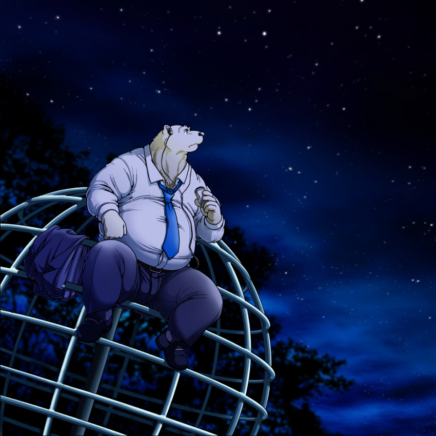 1:1 2010 anthro bear belly black_nose bottomwear bulge clothed clothing detailed_background electronics fur headphones hi_res humanoid_hands jin_(artist) jungle_gym kemono listening_to_music male mammal necktie night outside overweight overweight_male pants polar_bear shirt sitting solo suit topwear ursine white_body white_fur