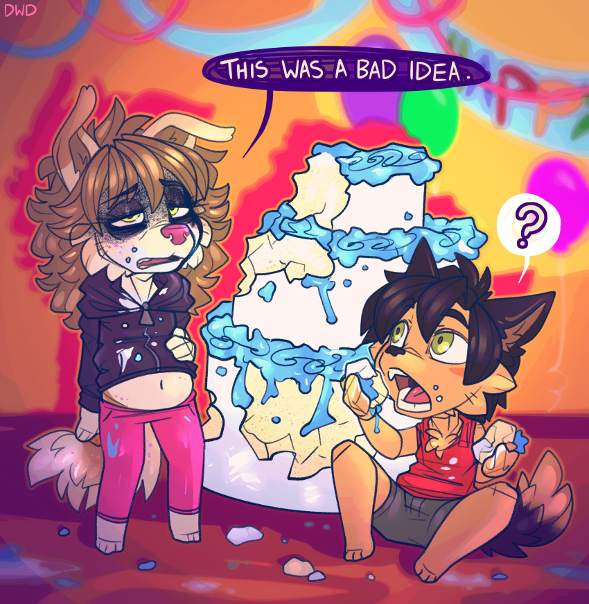 absurd_res anthro barefoot birthday birthday_cake bloated bottomwear cake canid canine canis chest_tuft chibi clothing dessert dimmi_(character) dimwitdog domestic_dog duo eating eye_bags feet female food frosting fur green_eyes hand_on_belly hi_res hoodie ill male mammal nausea open_mouth overeating pants shirt shorts sitting stuffing tan_body tan_fur tank_top teeth tongue topwear tuft vin_(ng_canadian)