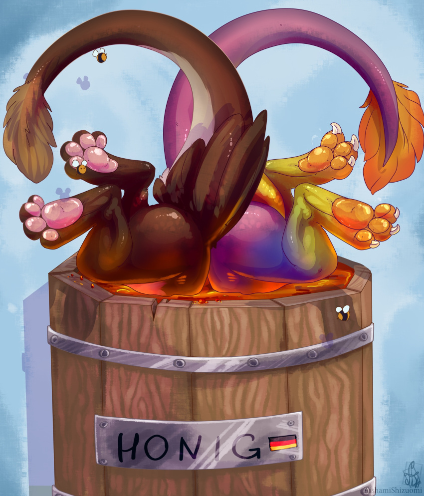 ass avian barrel bird dragon duo food gabrielgryphon_(character) german_text gryphon hi_res honey_(food) lizard male male/male mythological_avian mythological_creature mythological_scalie mythology raynar reptile scalie tail text translated upside-down