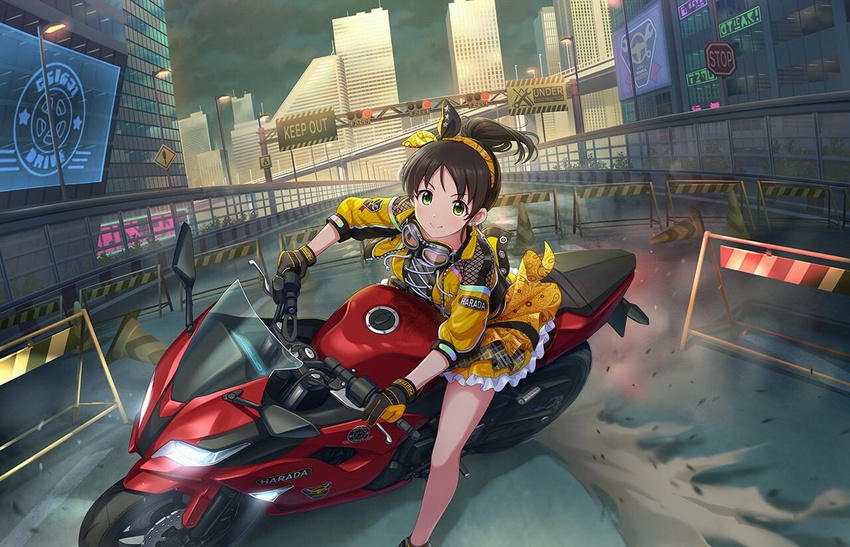 akira_(manga) akira_slide black_hair bow building city dust_cloud earrings female gloves goggles goggles_around_neck green_eyes hairbow harada_miyo headband idolmaster idolmaster_cinderella_girls idolmaster_cinderella_girls_starlight_stage jacket jewelry motor_vehicle motorcycle neon_lights official_art plaid plaid_skirt ponytail road road_sign roadblock sign skirt skyscraper smile stop_sign traffic_barrier traffic_cone traffic_light under_construction warning_sign yellow_jacket yellow_skirt