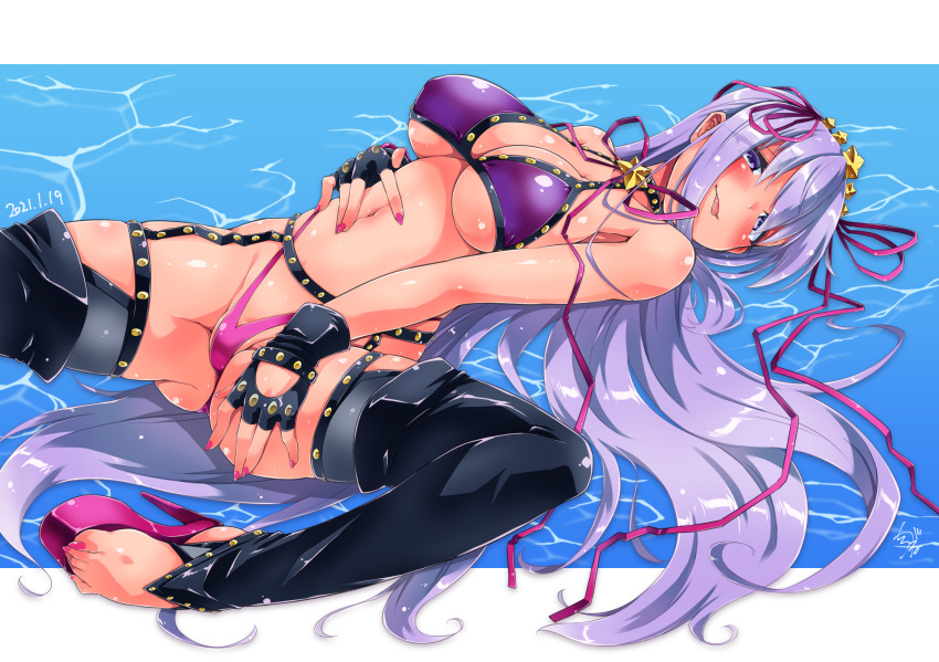 bare_shoulders bb_(fate) bb_(swimsuit_mooncancer)_(fate) bead_bracelet beads belt bikini black_garter_belt black_gloves black_legwear blush bracelet breasts cleavage collarbone dark-skinned_female dark_skin fate/grand_order fate_(series) female fingerless_gloves garter_belt gloves hair_ornament hair_ribbon hairband high_heels highleg highleg_bikini highres jewelry large_breasts long_hair looking_at_viewer loose_belt lying navel neck_ribbon on_back purple_bikini purple_eyes purple_hair ribbon shirogane_(cufsser) smile spread_legs star_(symbol) star_hair_ornament studded_garter_belt swimsuit tan thighhighs thighs tongue tongue_out very_long_hair water wet white_belt