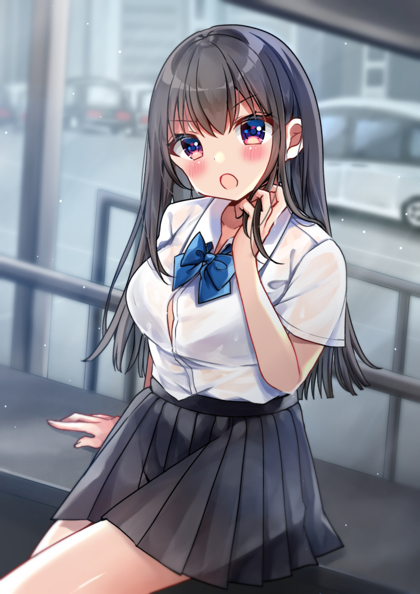 :o arm_support bad_id bad_pixiv_id black_hair black_skirt blue_bow blurry blurry_background blush bow breasts car collarbone collared_shirt commentary_request day depth_of_field dress_shirt female hand_in_own_hair hand_up highres long_hair looking_at_viewer medium_breasts minami_saki motor_vehicle open_mouth original outdoors pleated_skirt railing red_eyes shirt short_sleeves sitting skirt solo v-shaped_eyebrows very_long_hair white_shirt