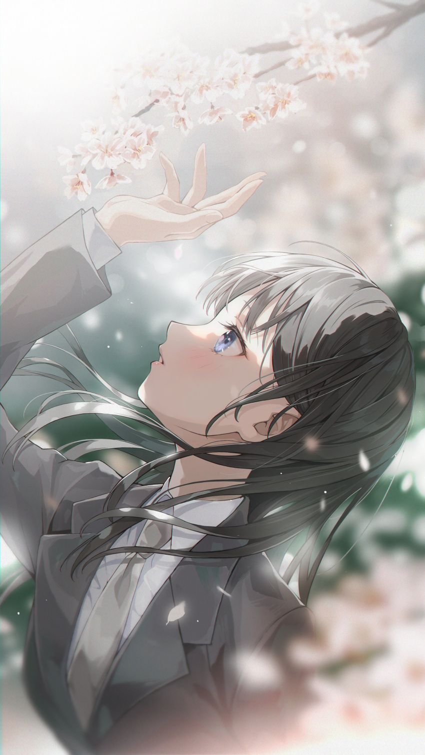 absurdres black_hair blue_eyes blurry blurry_background blurry_foreground blush cherry_blossoms collared_shirt female floating_hair formal highres long_hair long_sleeves necktie nobusawa_osamu original petals pink_lips shirt solo tree upper_body