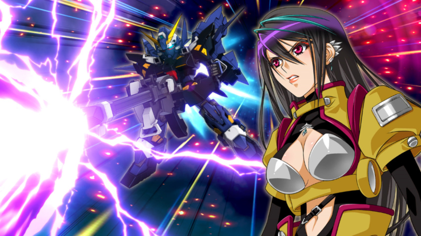 black_hair breasts cannon clothing_cutout ear_ornament female g-impact_cannon game_cg green_hair highres holding_cannon huckebein_mk_ii looking_to_the_side mecha medium_breasts multicolored_hair non-web_source red_eyes robot shizuki_shizukawa super_robot_wars super_robot_wars_dd super_robot_wars_original_generation thrusters