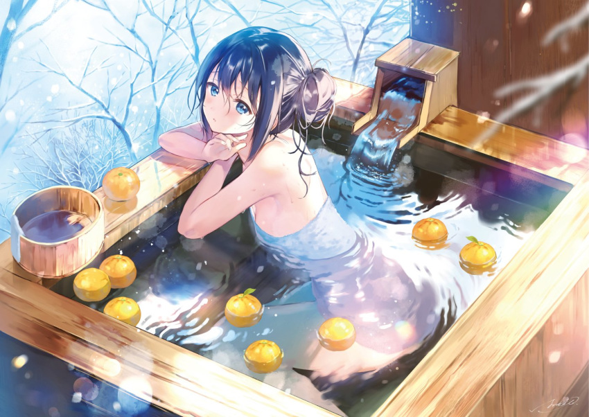 afloat alternate_hairstyle armpits bare_legs bare_tree bath black_hair blue_eyes branch breasts bucket commentary_request female food fruit hair_bun hair_up hanekoto imouto_(hanekoto) light_particles long_hair looking_at_viewer looking_to_the_side mandarin_orange naked_towel ofuro onsen original outdoors parted_lips partially_submerged sideboob sidelocks signature single_hair_bun single_side_bun small_breasts snow snowing solo towel tree twitter_username water wet winter wooden_bathtub wooden_bucket yuzu_(fruit) yuzu_bath