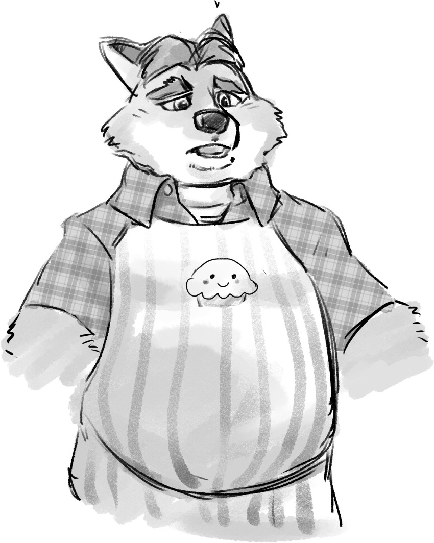 2016 anthro apron belly canid canine clothing disney fox gideon_grey hi_res kemono kumagaya_shin kumagayasin male mammal monochrome overweight overweight_male red_fox shirt simple_background solo topwear true_fox white_background zootopia