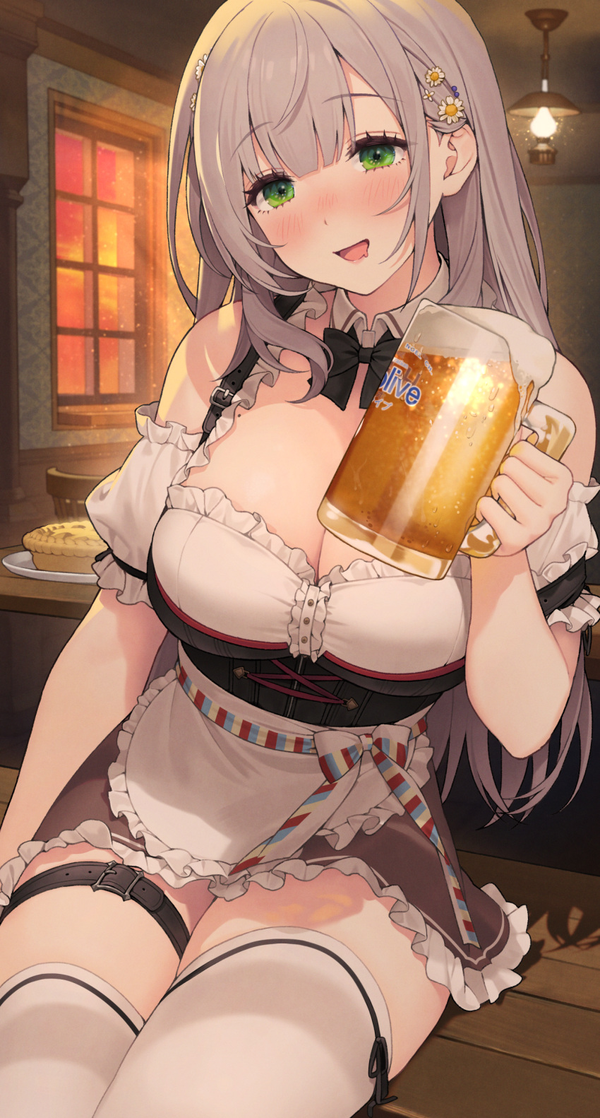 :d absurdres alcohol apron arm_support beer beer_mug bench blunt_bangs blush breasts ceiling_light cleavage cup detached_sleeves dirndl evening female flower food german_clothes green_eyes grey_hair hair_flower hair_ornament highres holding holding_cup hololive indoors large_breasts light_rays long_hair looking_at_viewer mug official_alternate_costume official_alternate_hair_length official_alternate_hairstyle open_mouth pie shirogane_noel shirogane_noel_(dirndl) sitting smile solo table thick_thighs thighhighs thighs very_long_hair virtual_youtuber white_thighhighs window wrist_cuffs yeije