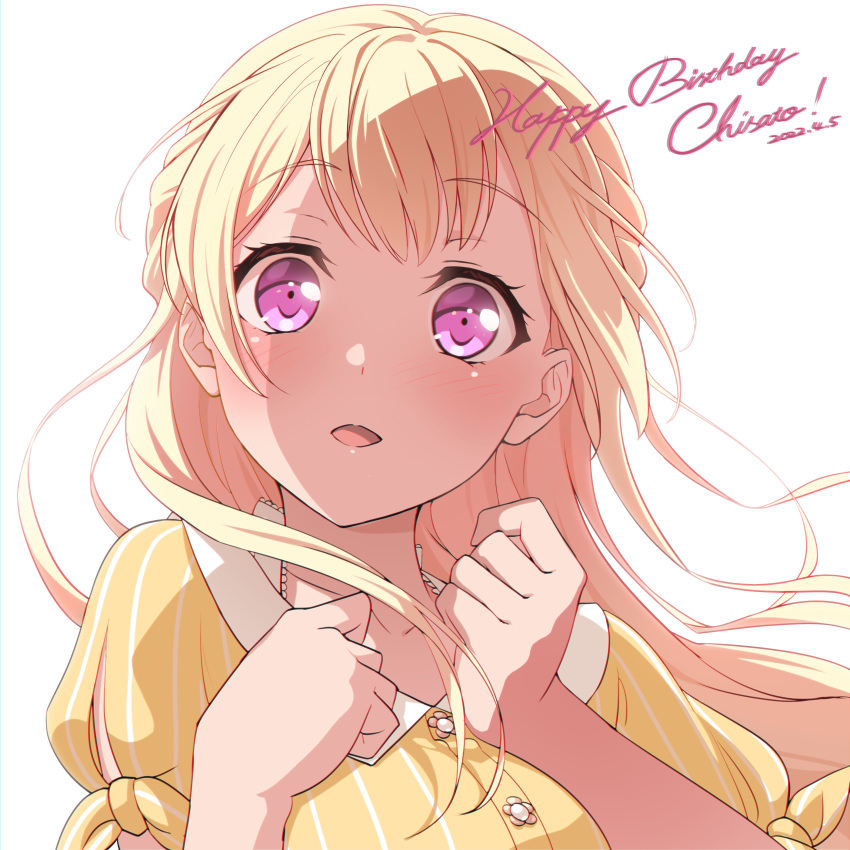 absurdres bang_dream! blonde_hair buttons dated eyelashes female half_updo happy_birthday highres long_hair nobusawa_osamu open_mouth pink_eyes puffy_sleeves purple_eyes shirasagi_chisato solo striped vertical_stripes white_background