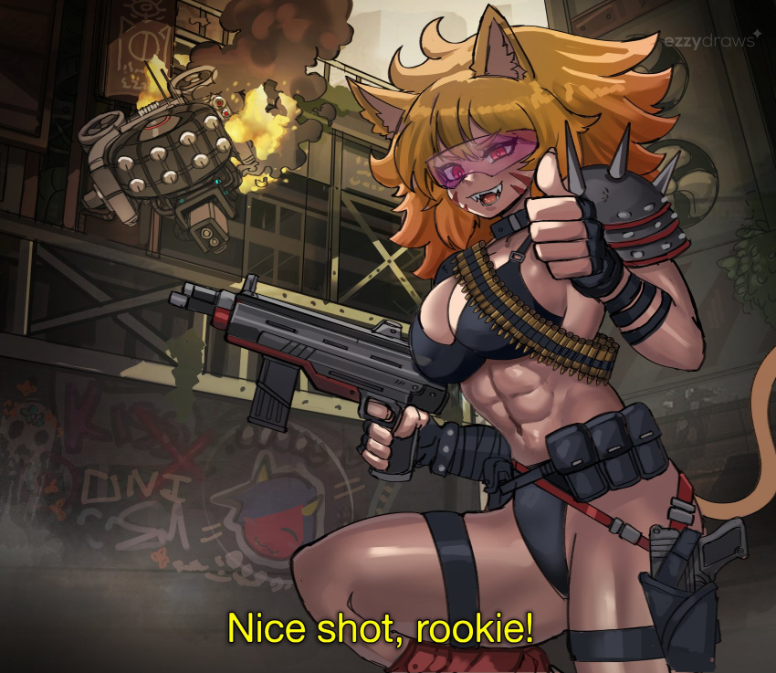 abs ammunition_pouch animal_ears bandolier bikini cat_ears cat_girl cat_tail choker cityscape collar commentary dominion_(manga) drone english_commentary english_text ezzydraws facial_mark fangs female fingerless_gloves fire flying gloves graffiti gun handgun highres looking_at_viewer muscular muscular_female orange_hair original pink-tinted_eyewear pink_eyes pouch sharp_teeth shoulder_spikes smile spikes submachine_gun sunglasses swimsuit tail teeth thumbs_up tinted_eyewear toned weapon whisker_markings