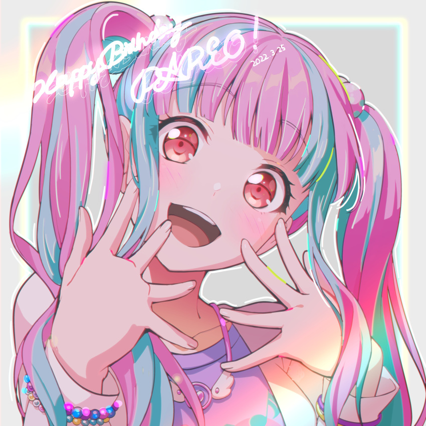 absurdres bang_dream! blue_hair dated female hair_ornament happy_birthday highres jewelry long_hair long_sleeves multicolored_hair necklace nobusawa_osamu nyubara_reona open_mouth pink_hair red_eyes solo teeth twintails two-tone_hair upper_teeth_only